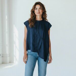 White Ruff Handmade Clothes Linen Asymmetrical Cap Sleeve Top Shirt No Size